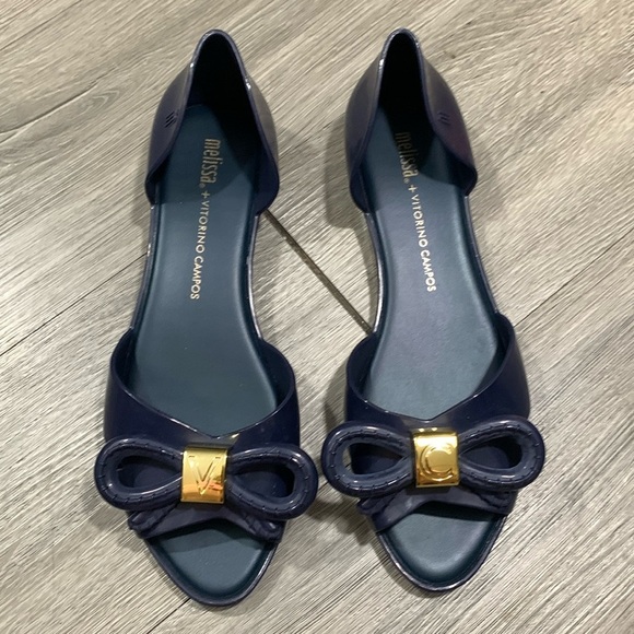 Melissa Vitorino Campos Seduction Navy Blue Bow Peep Toe Flats size 9 - Picture 1 of 10